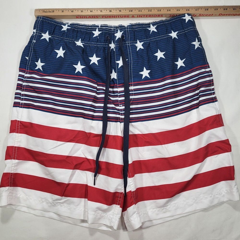 Faded Glory Men's‎ Medium USA Flag Red White Blue Swim Trunks Shorts 8" Inseam